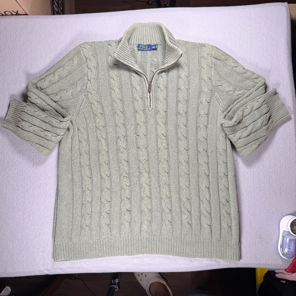 Polo Tussah Silk 1/4 Zip Mens Cable Knit Sweater Hong Kong Vintage